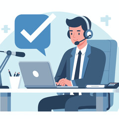 Flat illustration of operator of call center agent or customer service working in headphone and mic sitting at desk with laptop computer checklist and checkmark on a white background