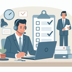 Flat illustration of operator of call center agent or customer service working in headphone and mic sitting at desk with laptop computer checklist and checkmark on a white background