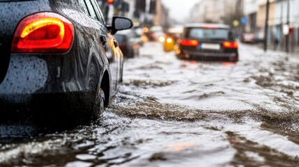 Flooded Urban Street with Cars Submerged in Rising Water. Severe Weather Event in City.