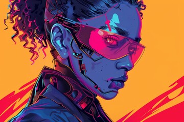 Naklejka premium Futuristic woman with vibrant colored glasses and cybernetic enhancements against an orange backdrop