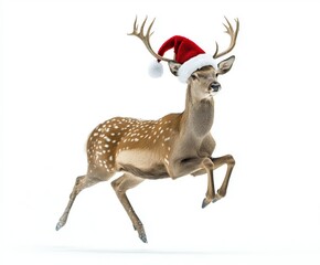 Deer jumping with christmas hat isolated on white background