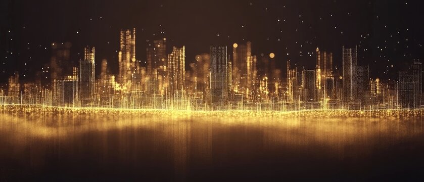 Golden futuristic city skyline at night. (1)