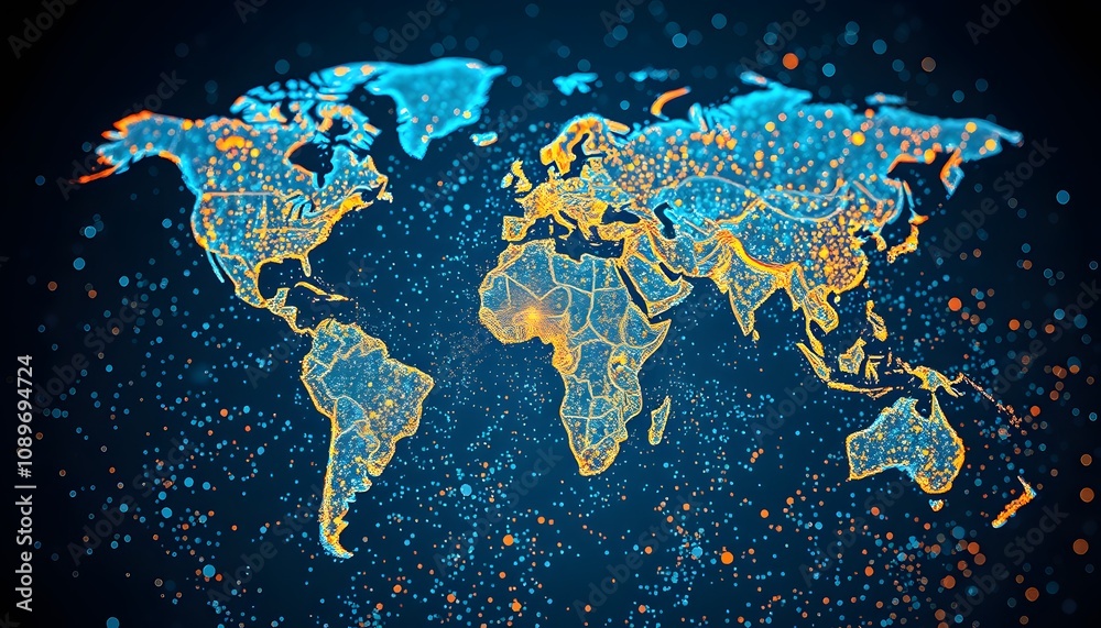 Poster A Captivating Visual of a World Map Dissolving into Glowing Particles to Represent Global Dynamics and Change