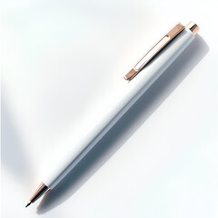 a white click pen, with a light rose gold tip, on a white background with natural light and shadow HD realistic