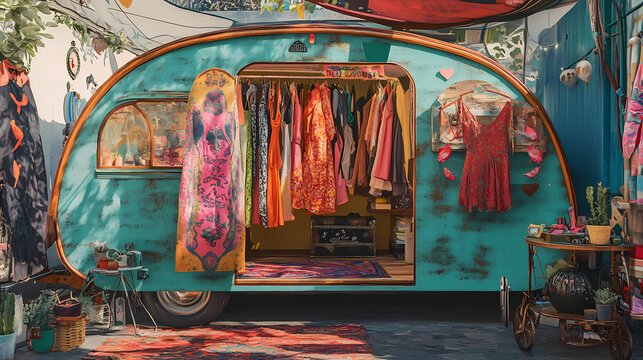 Colorful vintage caravan displaying various clothes, offering a bohemian vibe and artistic fashion showcase in an eclectic setting. Bohemian Festival Vibes. Illustration