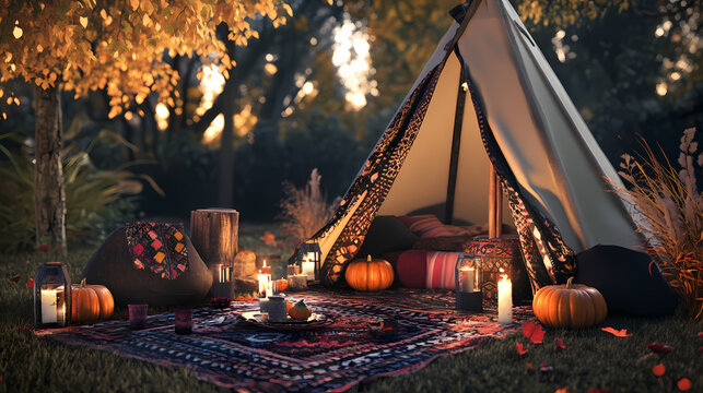 Boho outdoor halloween, tipi with candles, pumpkins, and bohemian blankets, autumnal vibe, 3d illustration. Bohemian Festival Vibes. Illustration