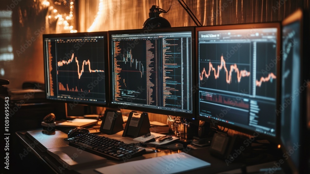 Aufkleber Triple Monitor Setup Displays Stock Market Data And Code