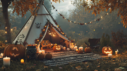 Boho outdoor halloween, tipi with candles, pumpkins, and bohemian blankets, autumnal vibe, 3d illustration. Bohemian Festival Vibes. Illustration