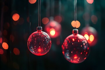 Fototapeta premium Abstract glowing Christmas tree ornaments hanging on a dark festive background