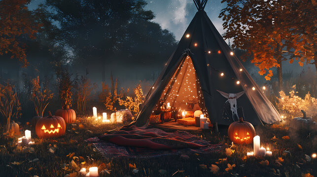Boho outdoor halloween, tipi with candles, pumpkins, and bohemian blankets, autumnal vibe, 3d illustration. Bohemian Festival Vibes. Illustration