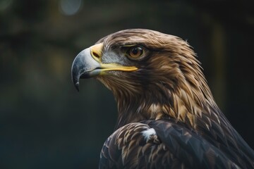 Naklejka premium A majestic golden eagle perched quietly, showcasing its striking plumage in a lush forest habitat during the early morning hours