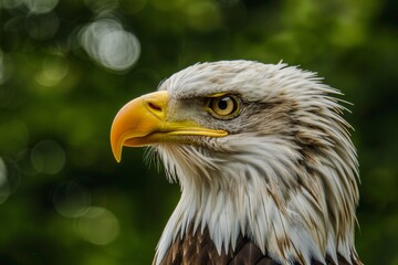 Obraz premium A majestic bald eagle perched against a blurred green background, showcasing its sharp beak and intense gaze during a sunny afternoon