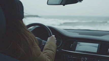 Woman Driving by the Ocean on a Cloudy Day with Scenic Sea View