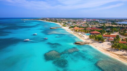 Obraz premium Tropical Coastal Paradise: Aerial View of Turquoise Waters and Sandy Beaches