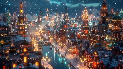 A whimsical, snowy cityscape with twinkling lights, canals, and festive decorations.
