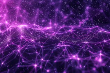 Fototapeta premium A vibrant purple network of glowing particles against a dark background representing digital connections and data flow in technology