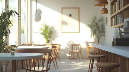 Sunlit minimalist cafe interior with wooden furniture and plants.