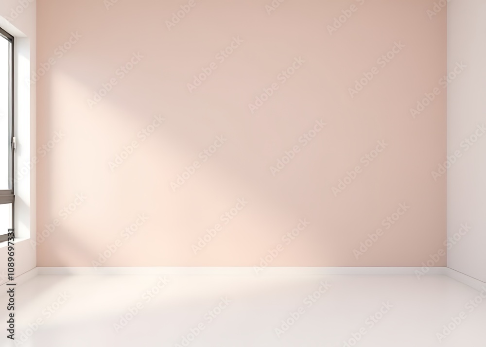Poster A minimalist workspace features a calm open space with a smooth surface, a muted pink wall, and a clean window with divided light and shade.