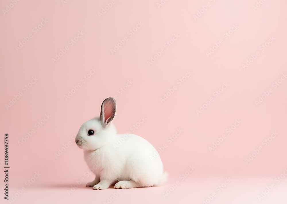 Aufkleber A small white bunny sits alone on a soft pastel background in this Easter concept image with plenty of space to add text.