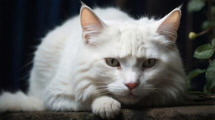 A white cat with green eyes lies on a stone surface, looking directly at the camera.