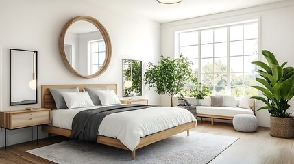 Fototapeta premium Beautiful Colored Mockup Bedroom Interior Blank Poster Decoration Art Background Image, generative AI