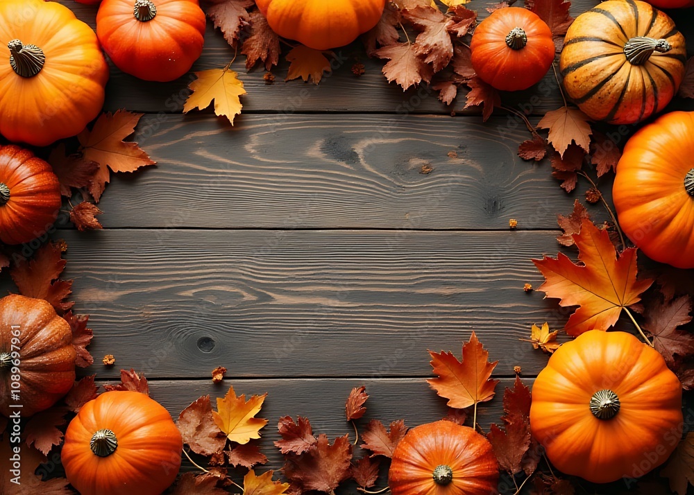 Poster A warm Thanksgiving scene features colorful fall elements on a rustic wooden table with ample copy space for social media use.
