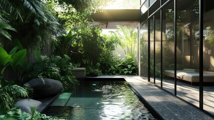 Fototapeta premium Lush tropical garden with plunge pool and modern architecture.
