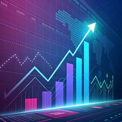 A digital financial chart with glowing bar graphs, upward arrows, and global data visuals, symbolizing growth and global market trends in a neon futuristic design.