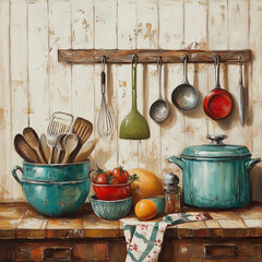 Nostalgic paintings of retro cooking tools for the kitchen.