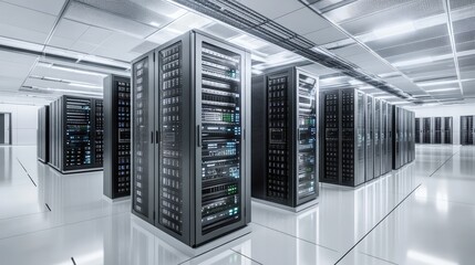 Modern data center with rows of server racks.