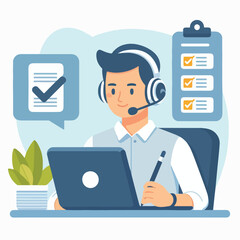 Fototapeta premium Flat illustration of operator of call center agent or customer service working in headphone and mic sitting at desk with laptop computer checklist and checkmark on a white background