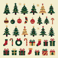 Christmas Element Set – Festive Vector Icon of Trees, Gifts, and Ornaments