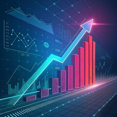 Naklejka premium A digital financial chart with glowing bar graphs, upward arrows, and global data visuals, symbolizing growth and global market trends in a neon futuristic design.