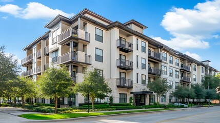 Fototapeta premium Modern luxury apartment building exterior with balconies, landscaping, and street view.