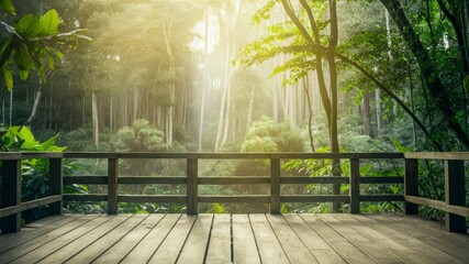 Serene Forest Balcony: A sun-drenched wooden balcony offers a tranquil vantage point overlooking a lush, green forest, creating a scene of serenity and connection with nature.