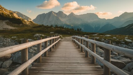 Obraz premium Wooden Bridge in Mountain Landscape: A weathered wooden bridge stretches invitingly towards a majestic mountain range, under a sky adorned with fluffy clouds.