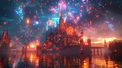 Fototapeta premium A majestic castle silhouetted against a vibrant fireworks display over a tranquil lake. The sky is awash with color and light, creating a magical atmosphere.