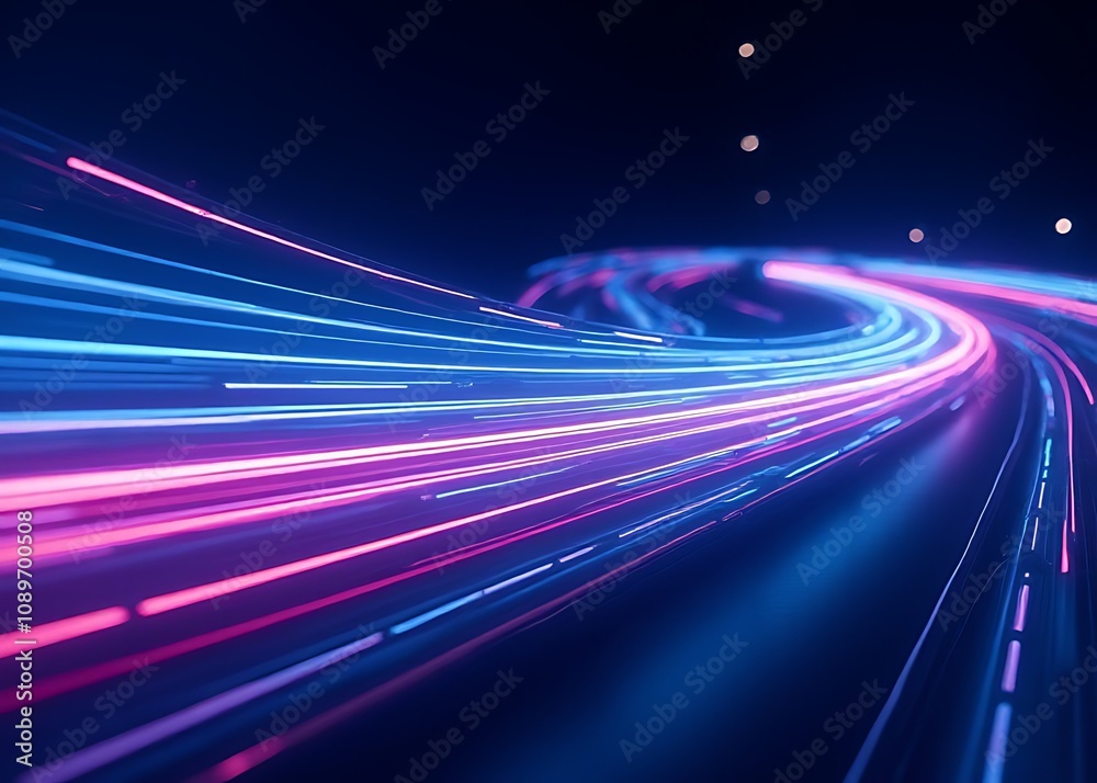Poster Neon lines and flowing stripes of blue and pink light curve through space in a futuristic speed trail effect display.
