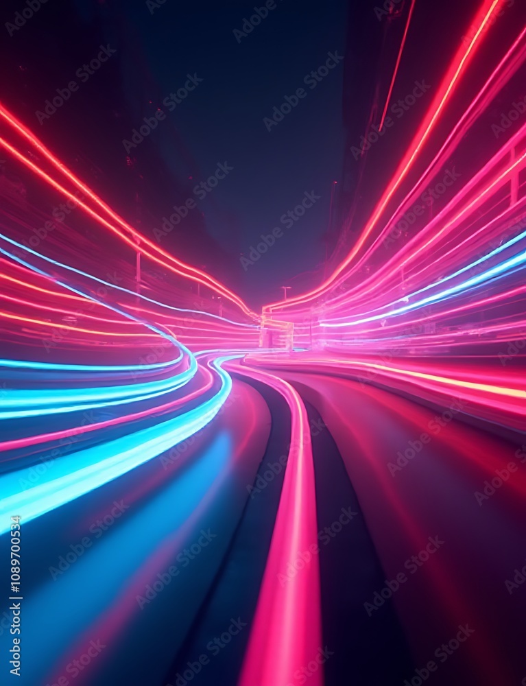 Aufkleber Neon lights create an abstract, dynamic scene with curved trails and vibrant colors that evoke a sense of movement and retro charm.