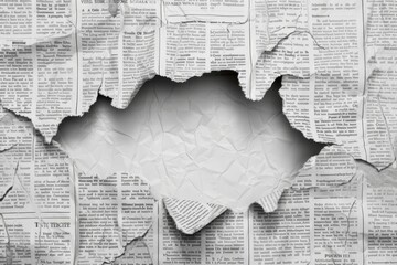 Torn newspaper revealing blank space in the center, showcasing layers of aged newsprint and text in a monochrome setting