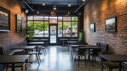 Fototapeta premium Modern cafe interior with exposed brick walls, tables, chairs, and large windows.
