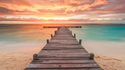 Fototapeta premium Pier to Paradise: A rustic wooden pier stretches towards a vibrant, colorful sunset over a calm ocean, creating a serene and inviting coastal scene.
