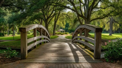 Fototapeta premium Serene Bridge Pathway: A charming wooden bridge arches gracefully over a small stream in a lush green park, inviting a journey into a picturesque landscape under the warm embrace of sunlight.
