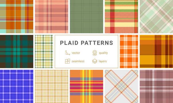 Gingham-inspired plaid patterns, great for textile, fabric, and shirt designs with rustic and British fashion vibes.