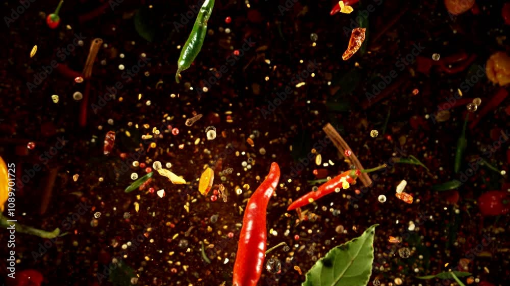 Poster super slow motion of flying and rotating spice mix. isolated on black background. filmed on high spe