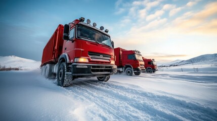 Red Trucks Navigating Snowy Terrain