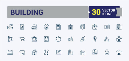 Building icon pack. Includes thin line real estate, supermarket, apartment, house, skyscraper, residential, housing, construction. Outline icons pack. Vector illustration in modern line style.