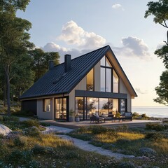 Obraz premium Modern A-frame house by the sea at sunset.