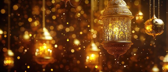 Obraz premium Golden lanterns and bokeh lights hanging, festive background.