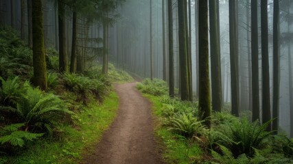 Naklejka premium Path through Foggy Forest: A winding path beckons through a dense forest, enveloped in a mystical fog. Towering trees create a sense of depth and mystery.